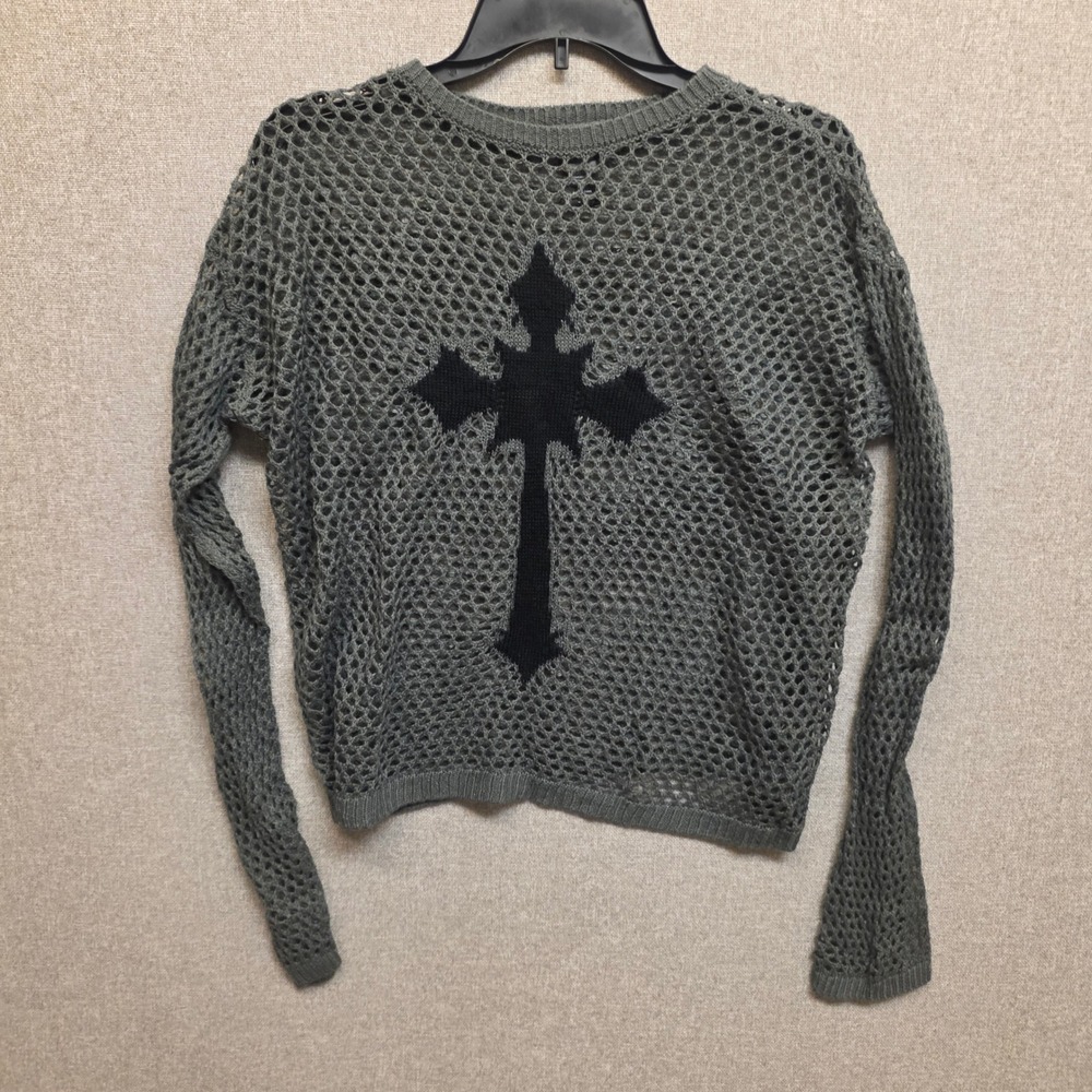 Social Collision Grey Fishnet Knit Gothic Cross Sweater Small Grunge Emo Alt